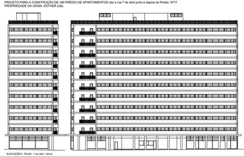 Fig.12. Composio de estudos das fachadas do Edifcio Arthur Nogueira, cuja principal era voltada para a dos fundos do Esther. As linhas dominantes dos dois edifcios esto alinhadas ( ver fotografias 13 e 14). Fonte: (Desenho Amanda Divietro a part