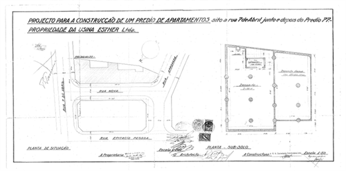 Fig. 04. Prancha do Projeto original com a subdiviso do terreno em dois lotes separados por rua criada e tornada pblica e implantao dos dois edifcios. Fonte: (So Paulo (Prefeitura) Processo 21 662 -36, relativo ao Edifcio Ester, formado em 31/