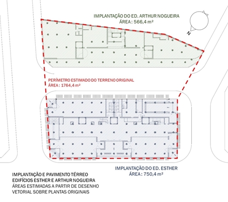 Fig. 08. Implantao e pavimento trreo de ambos os edifcios e o perfil original do terreno. Fonte: (Autoria Bruno Falanghe, colaborao Amanda Divietro e Henrique Bartolino).