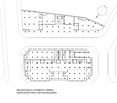 Fig. 07. Implantao e pavimento trreo de ambos os edifcios. Fonte: (Bruno Falanghe, colaborao Amanda Divietro e Henrique Bartolino).